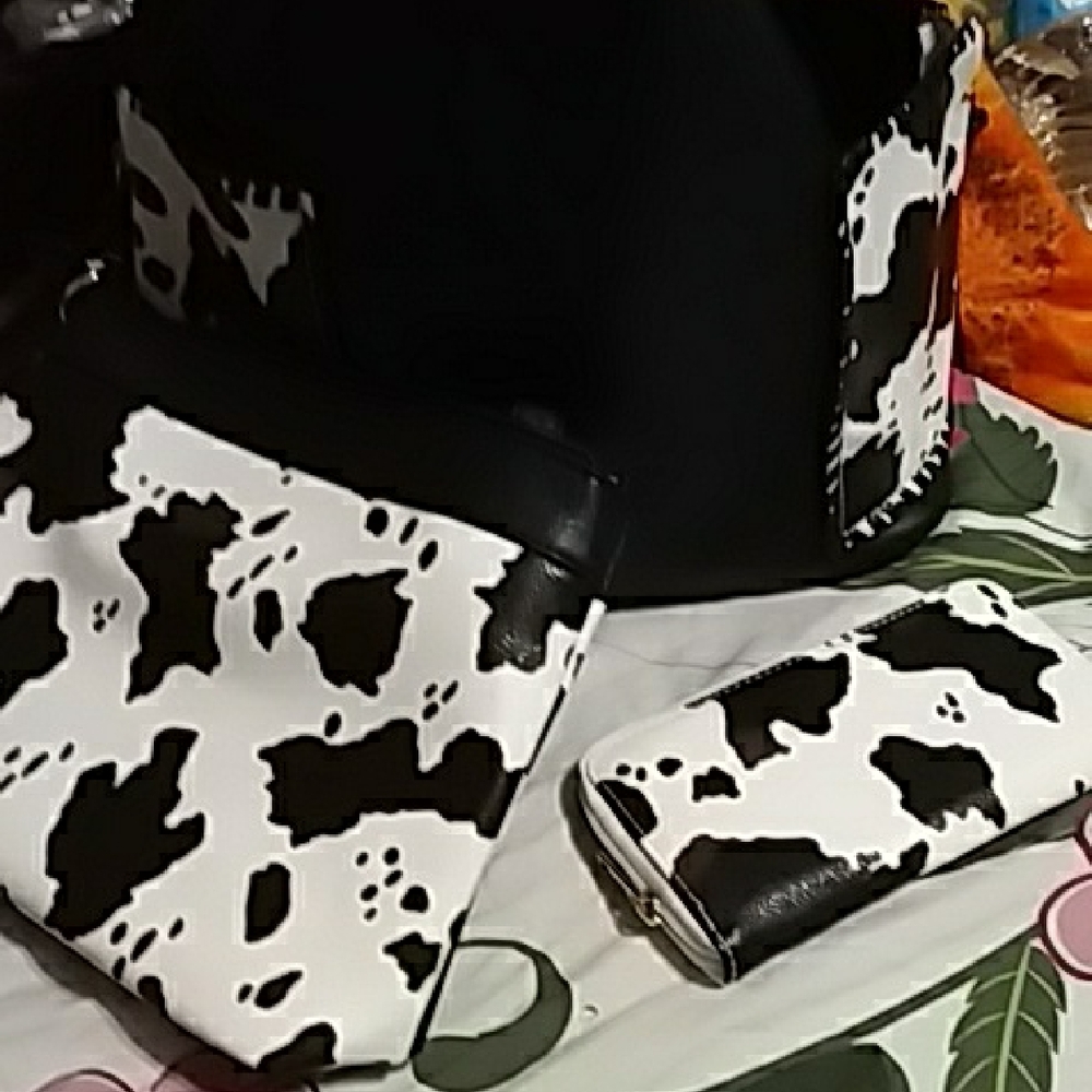 Cow Print Clutch and Wallet Set - Black & White